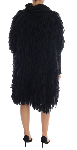 Elegant Black Fringed Wool-cashmere Sweater