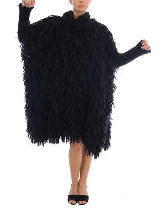 Elegant Black Fringed Wool-cashmere Sweater