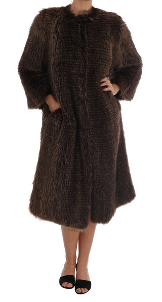 Elegant Brown Raccoon Fur Knee-length Coat