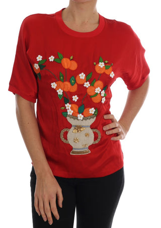 Red Silk Floral Embroidered Elegance Top