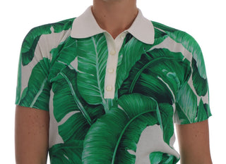 Elegant Silk Polo Top With Banana Leaf Motif