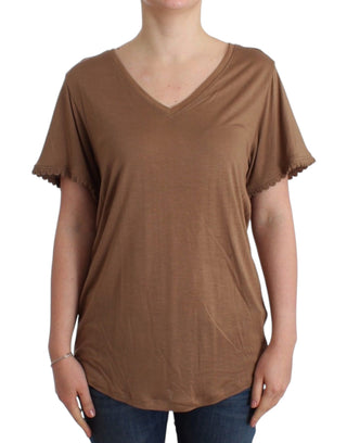 Elegant Short-sleeved Brown Rayon Top