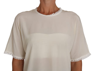 Cream Silk Lace-detailed Blouse Top