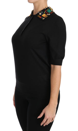 Elegant Black Cashmere Sequin Collar Top