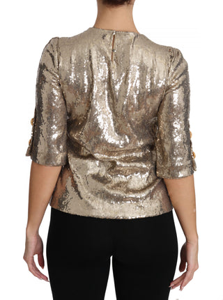 Gold Parrot Motif Crewneck Blouse With Crystals