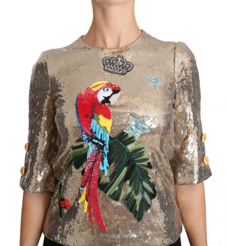 Gold Parrot Motif Crewneck Blouse With Crystals