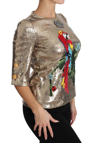 Gold Parrot Motif Crewneck Blouse With Crystals