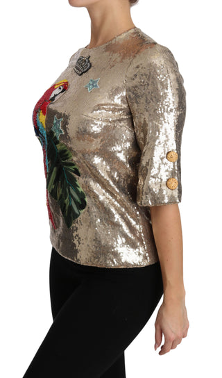 Gold Parrot Motif Crewneck Blouse With Crystals