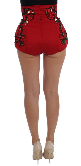 Red Silk Crystal-embellished Mini Shorts