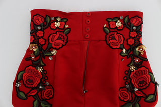 Red Silk Crystal-embellished Mini Shorts