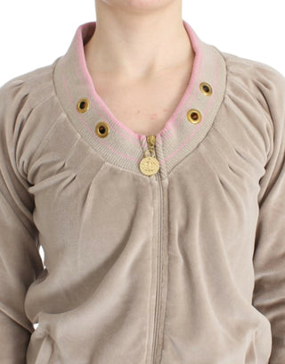 Beige Zip Cardigan With Gold Tone Accents