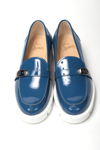 Blue And White Silver Logo Lock Boat Shoe