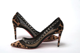 Brown Silver Leopard  Nappa And Mesh Studded High Heels Pumps