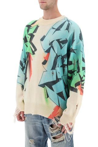 Graffiti Print Distressed Sweater