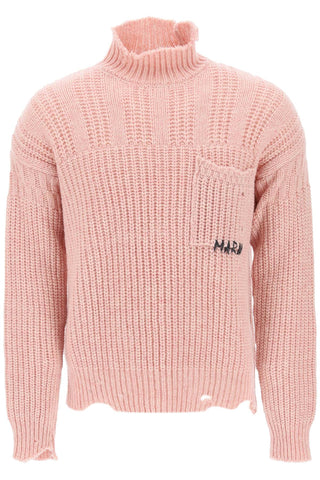 Funnel-neck Sweater In Destroyed-effect Wool