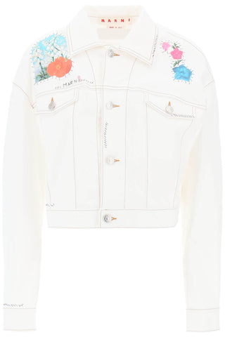 Cropped Denim Jacket With Flower Patches And Embroidery