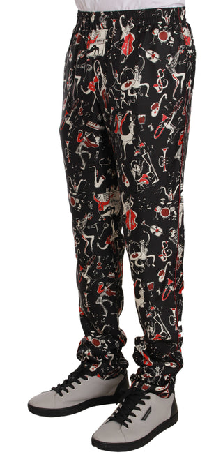 Elegant Black Silk Lounge Pants With Red Print