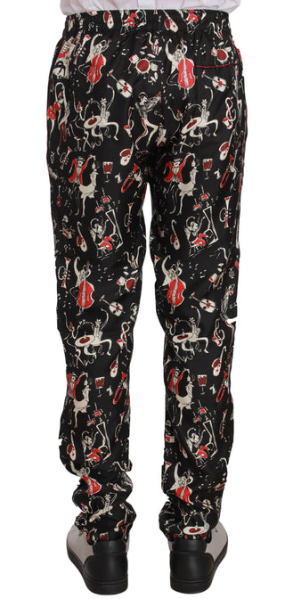 Elegant Black Silk Lounge Pants With Red Print