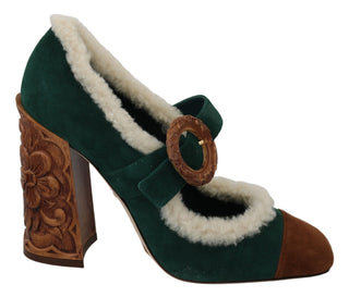 Chic Green Suede Mary Janes With Shearling Trim