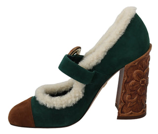 Chic Green Suede Mary Janes With Shearling Trim