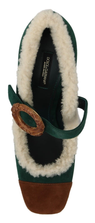 Chic Green Suede Mary Janes With Shearling Trim