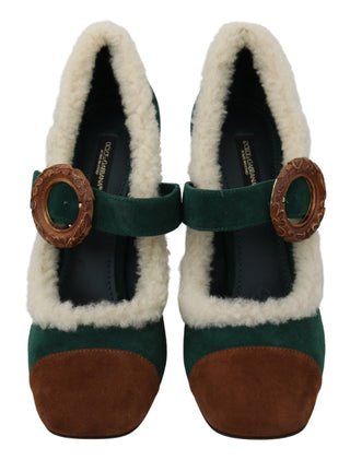 Chic Green Suede Mary Janes With Shearling Trim