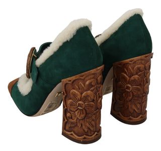 Chic Green Suede Mary Janes With Shearling Trim