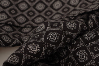 Black Silk Geometric Logo Print Shawl Fringe Scarf