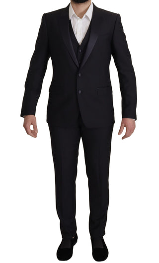 Elegant Black Three-piece Wool Blend Suit