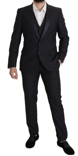 Elegant Black Three-piece Wool Blend Suit