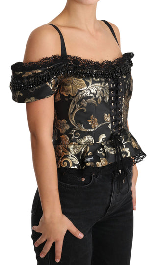 Elegant Floral Jacquard Blouse With Crystal Details