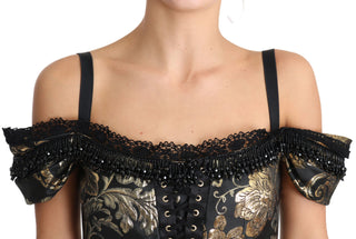 Elegant Floral Jacquard Blouse With Crystal Details