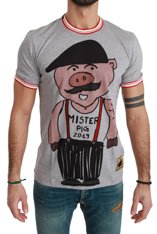 Chic Gray Cotton T-shirt With Year Of The Pig Motive