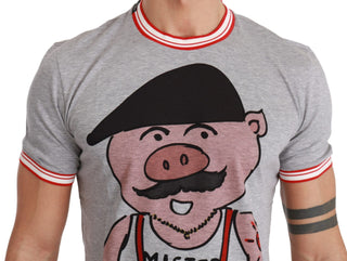 Chic Gray Cotton T-shirt With Year Of The Pig Motive