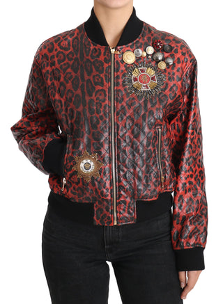 Red Leopard Bomber Leather Jacket With Crystal Buttons