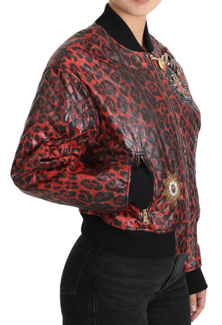 Red Leopard Bomber Leather Jacket With Crystal Buttons