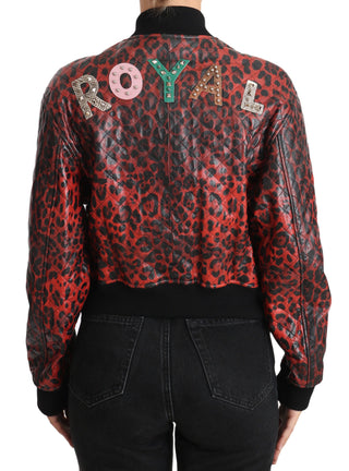 Red Leopard Bomber Leather Jacket With Crystal Buttons