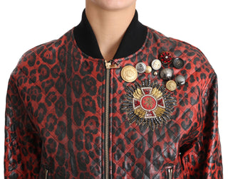 Red Leopard Bomber Leather Jacket With Crystal Buttons