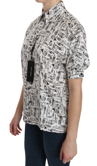 Musical Instrument Print Silk Collared Top