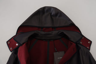 Elegant Hooded Parka Coat In Black And Bordeaux