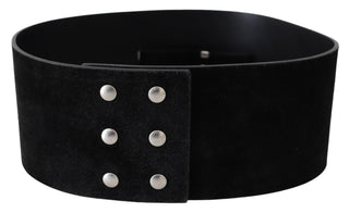 Elegant Black Leather Wide Belt With Silver Tone Buckle