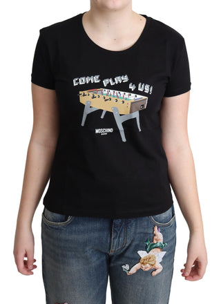 Chic Black Cotton Tee With Playful Print