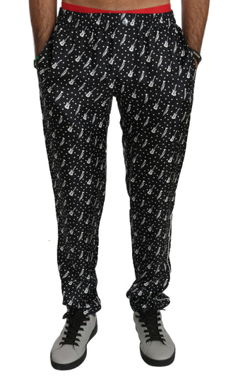 Elegant Black Musical Instrument Print Silk Pants