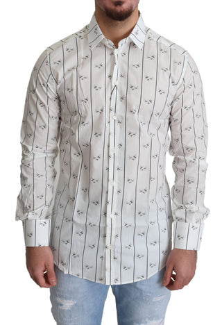 White Bee Print Cotton Button Down Shirt