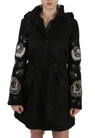 Elegant Black Beaded Parka Jacket For Women