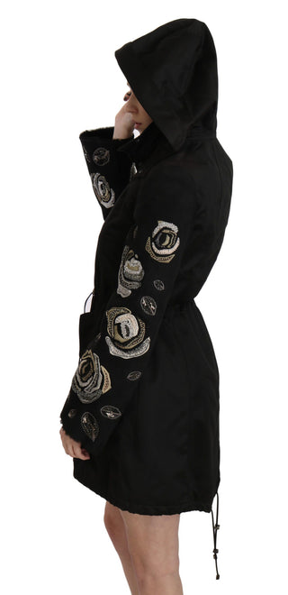 Elegant Black Beaded Parka Jacket For Women