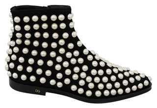 Chic Black Suede Ankle Boots With Pearls