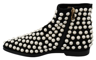 Chic Black Suede Ankle Boots With Pearls