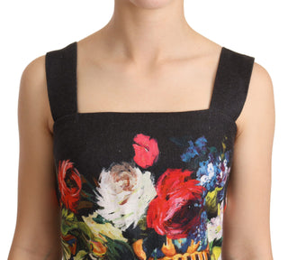 Black Floral Print Sheath Square Neck Dress