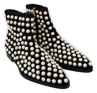 Chic Black Suede Ankle Boots With Pearls